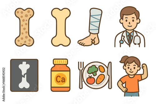 Bone Health Awareness. Flat vector mini-illustrations bone diseases awareness in colors children's illustrations: osteoporosis