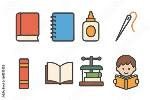 Book Binding Icons. Flat vector mini-illustrations book binding in colors children's illustrations: hardcover book, spiral binding