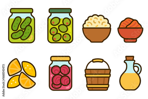 Briny Delights Icons. Flat vector mini-illustrations briny pickled foods in colors children's illustrations: pickles jar, olives