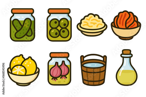 Briny Delights Icons. Flat vector mini-illustrations briny pickled foods in colors children's illustrations: pickles jar, olives