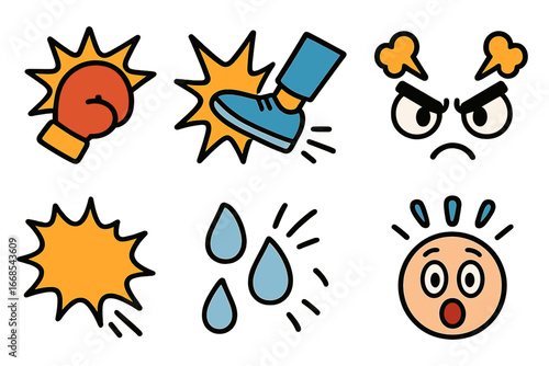 Cartoon Fight Icons. Flat vector mini-illustrations cartoon fight sounds in colors children's illustrations: punch glove, kick
