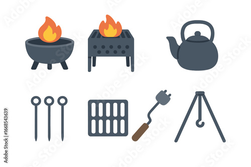 Cast Iron Adventures. Flat vector mini-illustrations cast iron outdoor equipment in colors children's illustrations: cast iron