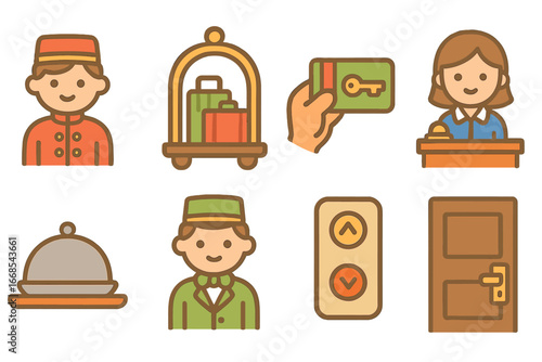 Charming Hotel Icon Set. Flat vector mini-illustrations hotel service in colors children's illustrations: bellhop, luggage cart,