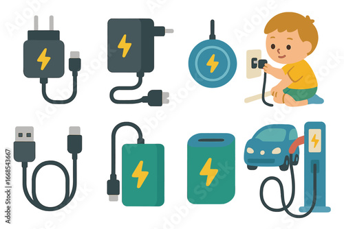 Charger Icons for Kids. Flat vector mini-illustrations charger in colors children's illustrations: phone charger, laptop charger,
