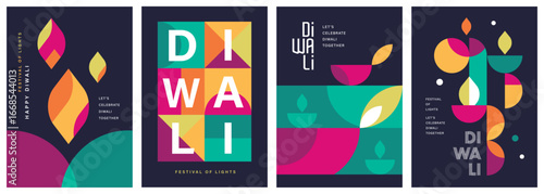 Set of happy Diwali Hindu festival modern design with diya oil lamps, colorful geometric and typography. Vector illustration for greeting card, poster, cover, banner.
