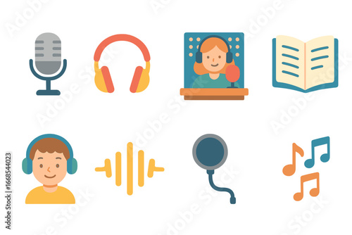 Children's Audio Icons. Flat vector mini-illustrations audiobook narrators in colors children's illustrations: microphone,