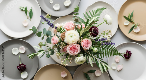 Elegant floral arrangement centered amongst pastel plates exudes sophisticated charm