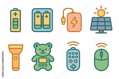 Children's Battery Icons. Flat vector mini-illustrations rechargeable AAA batteries in colors children's illustrations: