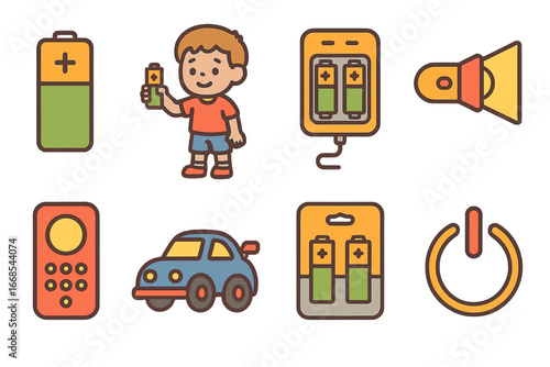 Children's Battery Illustrations. Flat vector mini-illustrations AA battery in colors children's illustrations: AA battery, child