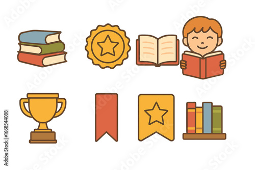 Children's Bestseller Icons. Flat vector mini-illustrations bestseller books in colors children's illustrations: stack of books,
