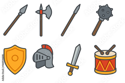 Children's Battle Icons. Flat vector mini-illustrations Battle staff in colors children's illustrations: spear, halberd, pike,