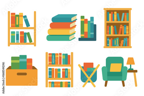 Children's Book Icons. Flat vector mini-illustrations book storage in colors children's illustrations: bookshelf, stack of books,