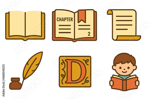 Children's Book Icons. Flat vector mini-illustrations chapter books in colors children's illustrations: open book with chapter
