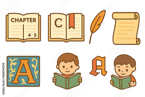 Children's Book Icons. Flat vector mini-illustrations chapter books in colors children's illustrations: open book with chapter