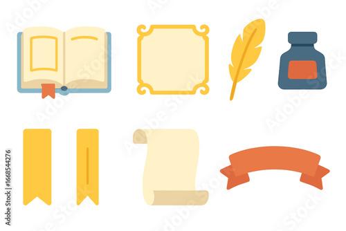 Children's Book Elements. Flat vector mini-illustrations title pages in colors children's illustrations: open book with title,