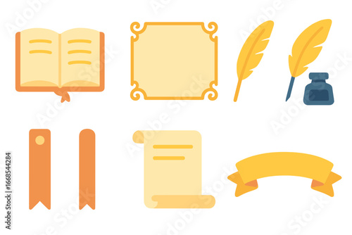 Children's Book Elements. Flat vector mini-illustrations title pages in colors children's illustrations: open book with title,