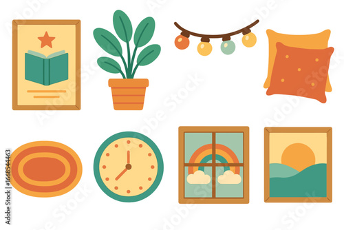 Children's Bookstore Decor. Flat vector mini-illustrations bookstore decor in colors children's illustrations: posters, plants,