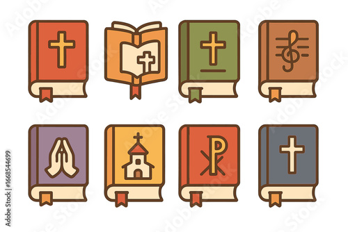 Children's Church Books Icons. Flat vector mini-illustrations Church reading books in colors children's illustrations: lectionary,