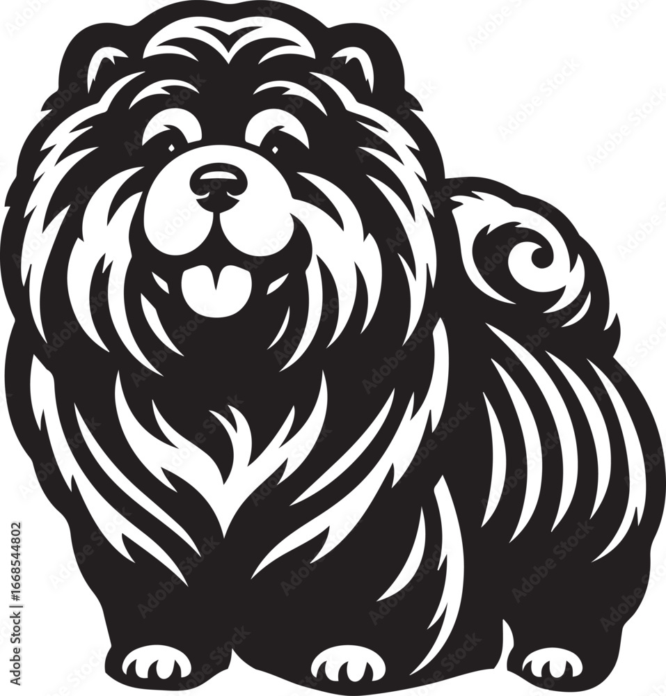 Obraz premium Cute Fluffy Chow Chow Dog Vector Silhouette Illustration – Black and White Pet Art Design