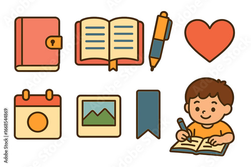 Children's Diary Icons. Flat vector mini-illustrations diaries in colors children's illustrations: closed diary with lock, open