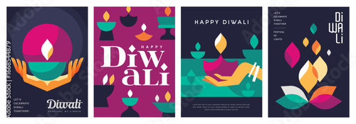 Set of happy Diwali Hindu festival modern design with diya oil lamps, colorful geometric and typography. Vector illustration for greeting card, poster, cover, banner.
