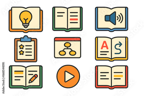 Children's Dictionary Icons. Flat vector mini-illustrations dictionary pages in colors children's illustrations: definition page,