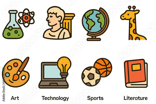 Children's Icon Encyclopedia. Flat vector mini-illustrations encyclopedia sections in colors children's illustrations: science,