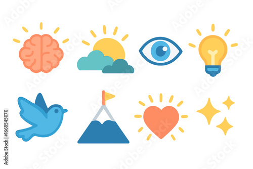 Children's Enlightenment Icons. Flat vector mini-illustrations enlightenment in colors children's illustrations: glowing brain,