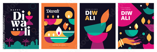 Set of happy Diwali Hindu festival modern design with diya oil lamps, colorful geometric and typography. Vector illustration for greeting card, poster, cover, banner.
