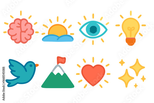 Children's Enlightenment Icons. Flat vector mini-illustrations enlightenment in colors children's illustrations: glowing brain,