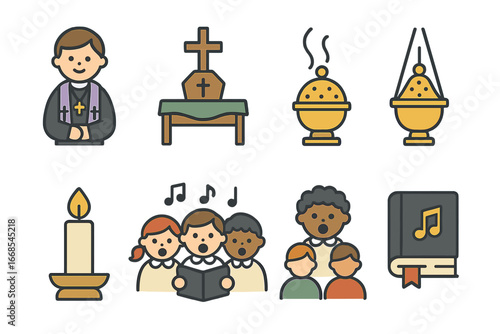 Children's Funeral Icons. Flat vector mini-illustrations funeral service in colors children's illustrations: priest, altar, Bible,