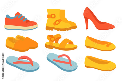 Children's Footwear Icons. Flat vector mini-illustrations fashion footwear in colors children's illustrations: sneakers, boots,