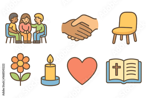 Children's Grief Support Icons. Flat vector mini-illustrations grief support in colors children's illustrations: support group,