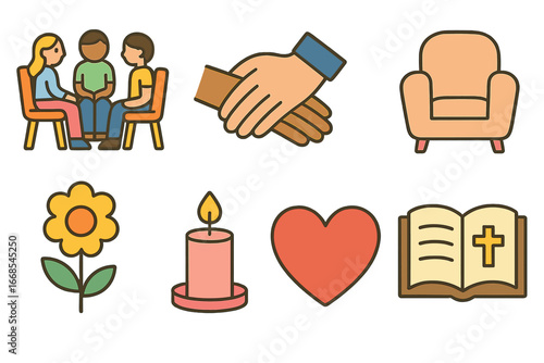 Children's Grief Support Icons. Flat vector mini-illustrations grief support in colors children's illustrations: support group,