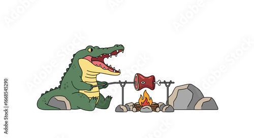Cartoon alligator grilling meat over a campfire with excitement and anticipation in a fun illustration