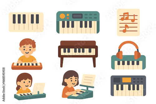 Children's Keyboard Icons. Flat vector mini-illustrations keyboard musical instruments in colors children's illustrations: piano
