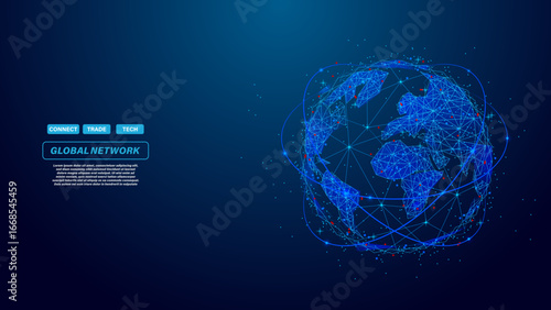 Global network connections background with glowing blue digital earth globe and futuristic worldwide internet communication technology design
