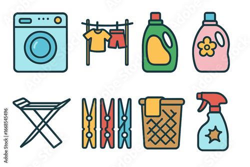Children's Laundry Tools. Flat vector mini-illustrations laundry tools in colors children's illustrations: washing machine,