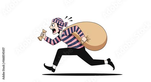 Cartoon thief running with stolen goods and a bone, perfect for humorous illustrations