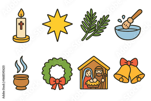 Children's Liturgy Icons. Flat vector mini-illustrations liturgy feast days in colors children's illustrations: Easter candle,