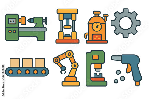 Children's Machinery Icons. Flat vector mini-illustrations industrial machinery in colors children's illustrations: lathe machine,