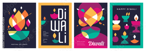 Set of happy Diwali Hindu festival modern design with diya oil lamps, colorful geometric and typography. Vector illustration for greeting card, poster, cover, banner.
