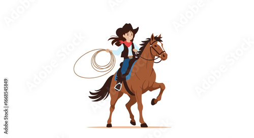Young cowgirl confidently riding a horse with a lasso, ready for adventure and fun