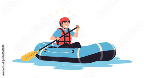 Smiling rafter enjoying whitewater adventure on inflatable raft with paddle and safety gear