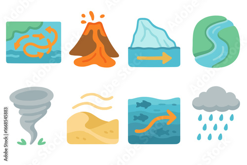 Children's Nature & Electricity Icons. Flat vector mini-illustrations currents in nature in colors children's illustrations: ocean