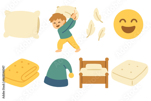 Children's Pillow Fight Icons. Flat vector mini-illustrations pillow fight in colors children's illustrations: fluffy pillow,
