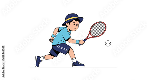 Young boy playing tennis, hitting the ball with racket, active lifestyle, sports concept
