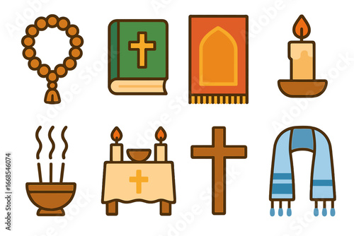 Children's Prayer Icons. Flat vector mini-illustrations prayer objects in colors children's illustrations: prayer beads, holy book