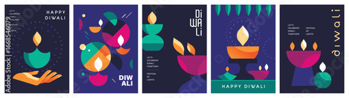 Set of happy Diwali Hindu festival modern design with diya oil lamps, colorful geometric and typography. Vector illustration for greeting card, poster, cover, banner.
