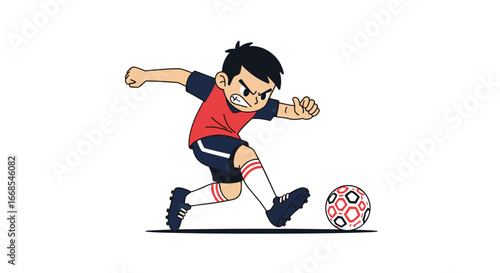 Energetic young soccer player kicking the ball with determination during a match